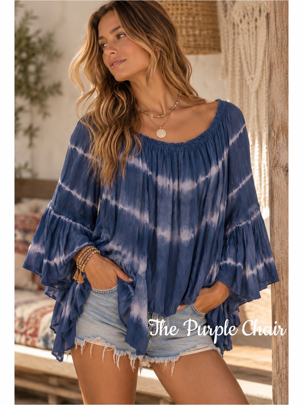 ELAN Blue Tie-Dye Off The Shoulder Bell Sleeve Top O/S
